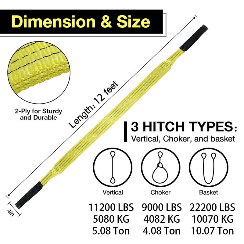 sumpluct 4" x12FT 2-Ply Heavy Duty Lifting Sling Straps 11200 lbs Vertical Lifting Straps with Flat Eyes, Recovery Tree Saver Strap for Winch, Truck, Towing, Hoisting - Off-Road Vehicles, Equipment - Image 2